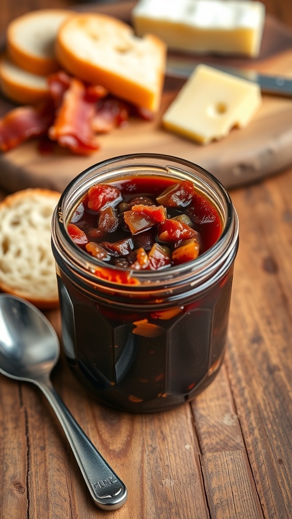 Bacon and Onion Jam Recipe A jar of bacon and onion jam with bread and cheese on a wooden table.
